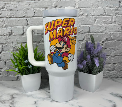 40oz Stanley Dupe Video Game Tumbler 40oz Mario Tumbler Custom Tumbler Retro Video Game 80's Video Game Gift for Gamers Vintage Video Game